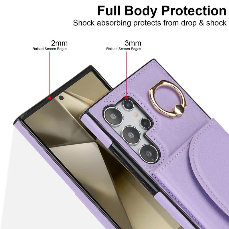 Product Introduction of Solid Color Phone Case with Finger Ring & Card Slot, 1 Count PU Leather Wallet Phone Protective Cover, Phone Accessory for Samsung Galaxy S24 S23 S22 S21 1
