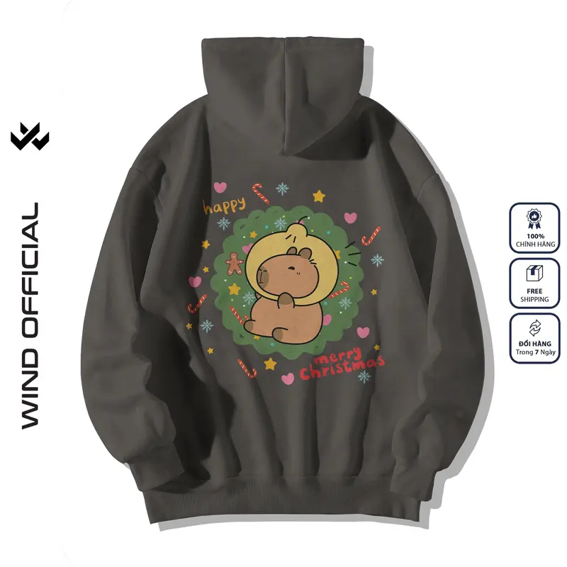 Áo hoodie unisex form rộng WIND Capybara Merry Christmas hoodie nút bấm thời trang nam nữ nỉ bông oversize Menswear Dài Tay Tay Dài 4