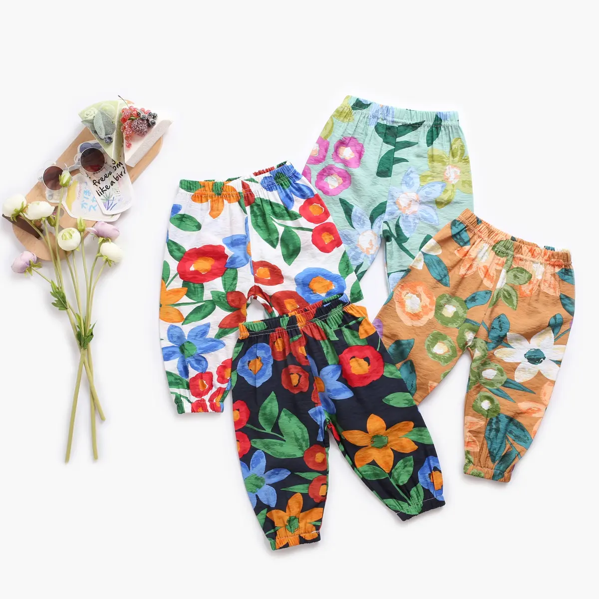 Sanlutoz Baby Girls Long Pants Flower Printing Little Kids Girls Trousers Summer Cotton Holiday