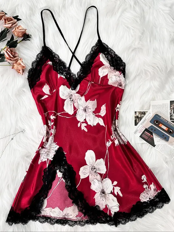 Women's Contrast Lace Criss Cross Bow Back Satin Cami Nightdress, Silky Naughty Lingerie, Night Gown for Women, House Dress for Women, Elegant Spaghetti Strap Split Hem Backless Night Gown, Ladies Summer Sleepwear & Loungewear, Pyjamas for Women 1