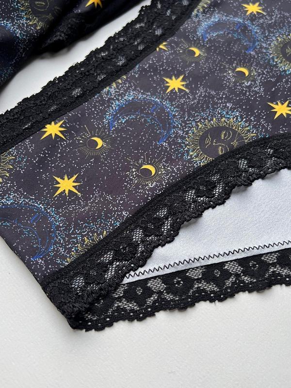 Plus Size Galaxy Print Contrast Lace Knicker, Casual Soft Comfy Panty for Daily Wear, Women's Underwear for All Seasons 6