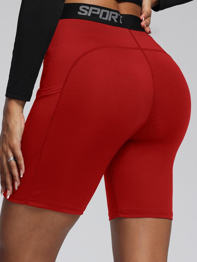 Product Introduction of Women's Solid Color Letter Tape Gym Shorts, Tight-fitting Sporty Breathable Comfortable Side Pocket Skinny Shorts for Yoga Gym Workout Running, Ladies Sportswear for All Seasons 2