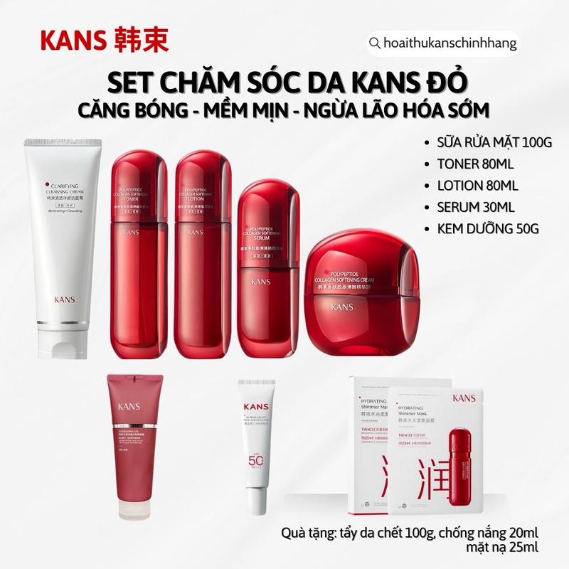 [TIẾT KIỆM] Set Mĩ Phẩm KANS Đỏ Collagen Dưỡng Ẩm Da Căng Bóng Da & Mềm Mịn, Ngừa Lão Hoá Da Bản KHÔNG HỘP QUÀ 5 Sản Phẩm: Sữa Rửa Mặt, Toner, Lotion, Serum, Kem Dưỡng
