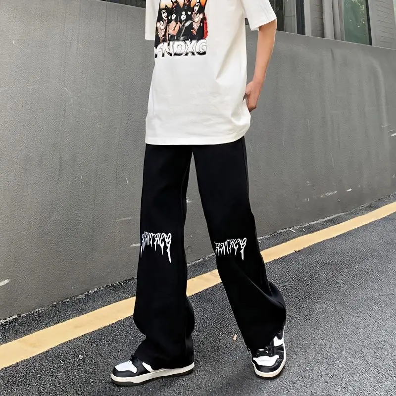 Quần Jean In Hình Tiếng Phạn, Phong Cách Hip Hop, Quần Dài Ống Đứng Thường Ngày Dáng Rộng Đẹp Trai Ruan Cá Tính Tối Màu Mỹ Mùa Hè Cho Nam