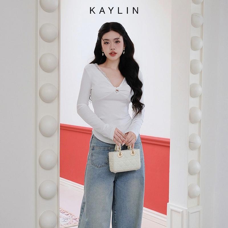 Áo Kiểu KAYLIN Tay Dài Cổ V Phối Ren Xoắn Chất Vải Cotton Thun Co Giãn Phong Cách - N2419 Nữ Top