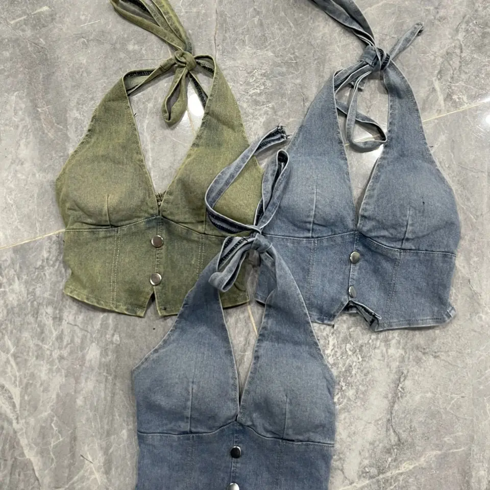 Áo yếm nữ chất jean sau lưng có bo chun, có lót ngực - Women