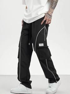 Men's Solid Color Letter Patched Reflective Stripe Drawstring Waist Cargo Pants, Regular Fit Street Fashion Casual Comfy Multi-pocket Straight Leg Trousers for Daily Wear, Fashion Men's Bottoms for All Seasons