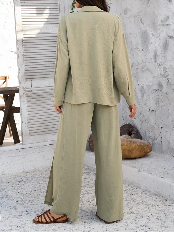 Women's Solid Color Top & Wide Leg Pants Two-piece Set, Casual Long Sleeve Top & Palazzo Pants for Spring & Fall, Women's Clothes for Daily Wear Womenswear Suits 1