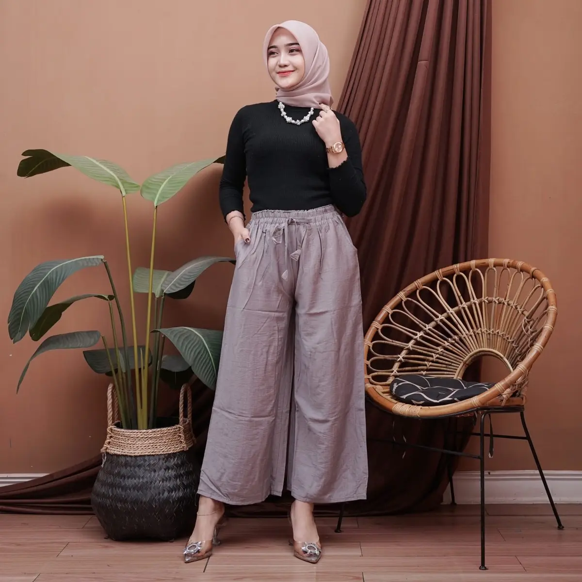 Mega Celana Kulot Polo Linen Premium Full Karet Bertali Jumbo Saku Samping Panjang Serut Wanita  Bawahan Formal Kain dasar regular celana panjang jumbo celanakulot Standar Basic Crinkle Pant outfit cewe Loose