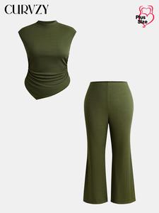 CURVZY Plus Size Autumn Aesthetic Solid Asymmetrical Hem Ribbed Tank Top & Elastic Waist Pants Two-Piece Set, Plus Elegant Mock Neck Sleeveless Top & Wide Leg Trousers for Daily Wear, Women's Plus Two-Piece Outfits for Summer
