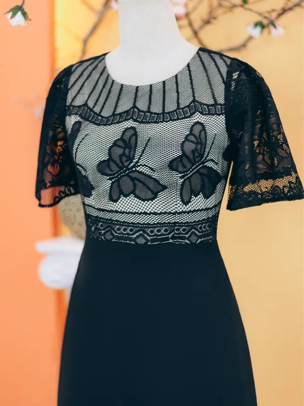 Sale giữa tháng mua sắm đầm đẹp săn đầm liền tay Đầm trung niên TTV1752 Vải Voan chiffon phối ren  Thoáng mát Dáng xòe Cổ tròn Tay ngắn Màu đen Quý phái sang trọng Nữ Women Dress Váy Cotton Thun 2