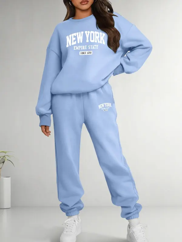 Two-Piece Set Women's Letter Print Sweatshirt & Pocket Sweatpants Set, Casual Fashion Cozy Round Neck Long Sleeve Pullover & Jogger Pants for Daily Wear, Ladies Two-piece for All Seasons, Clothes, Womenswear 3