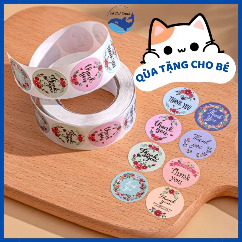 Cuộn 500 miếng dán hoạt hình ngộ nghĩnh, tem dán sticker thank you gói hàng, phụ kiện quà tặng