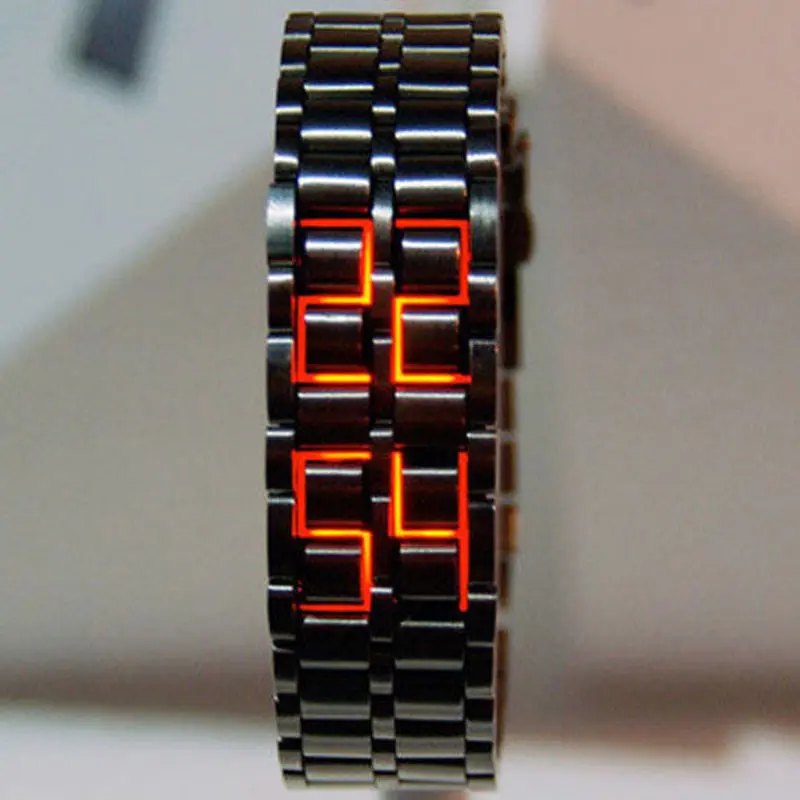 Jam tangan digital lava lelaki, fesyen, hitam, semua logam, paparan LED merah / biru, jam tangan lelaki, hadiah budak lelaki, Sukan, jam kreatif