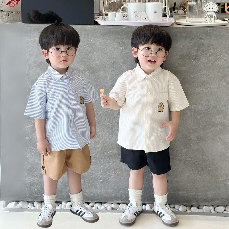 Áo sơ mi cộc tay bé trai kẻ sọc phối túi Fbaby 3 màu chất thô oxfox phong cách công tử Hàn Quốc