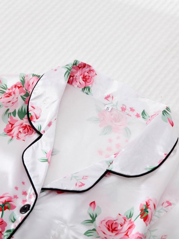Women's Floral Print Contrast Binding Pyjama Set, Chic Satin Collar Button Up Blouse & Elastic Waist Bow Front Shorts, Summer Sleepwear Set 2