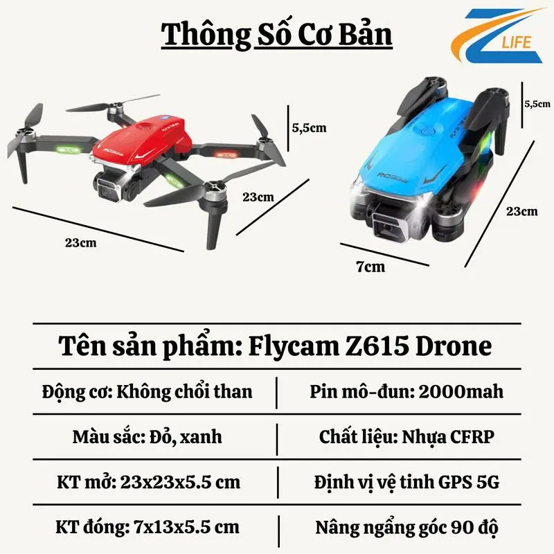 Máy Bay Flycam Z615 Drone Hiệu Zlife, Camera Full HD Quay Phim Chụp Ảnh, Định Vị Vệ Tinh GPS 5G, Động Cơ Không Chổi Than, Thời Gian Bay 10 Phút/Pin, Phù Hợp Cho Các Bạn Đang Tập Bay Silicone, Có Đèn Trợ Sáng Bay Ban Đêm 6