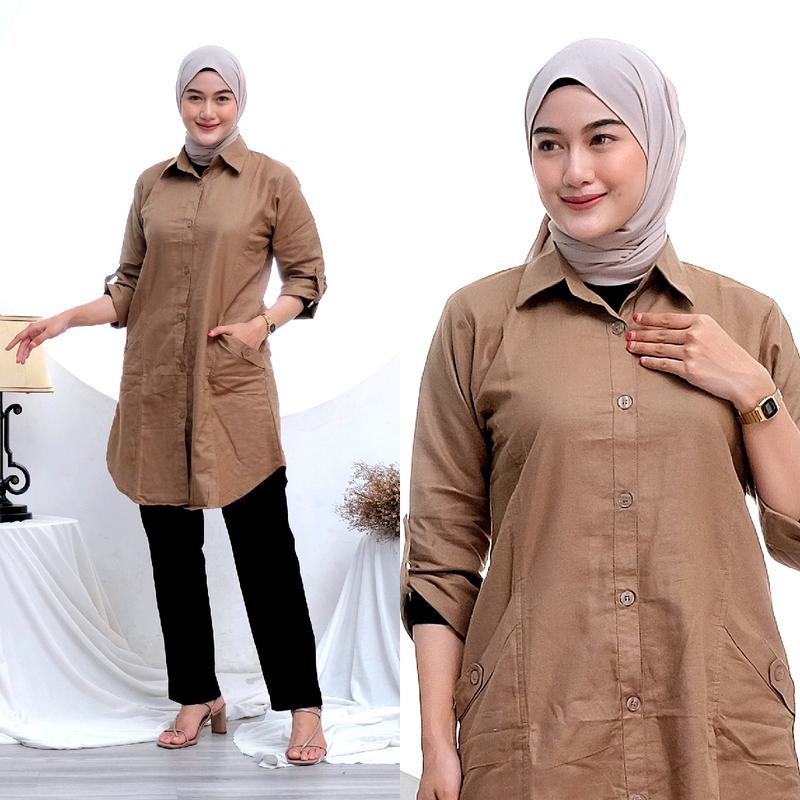Tuni Polos Katun Linen Adem  Model Kekinian Kancing Nyaman Panjang Muslim tunik oversize 1