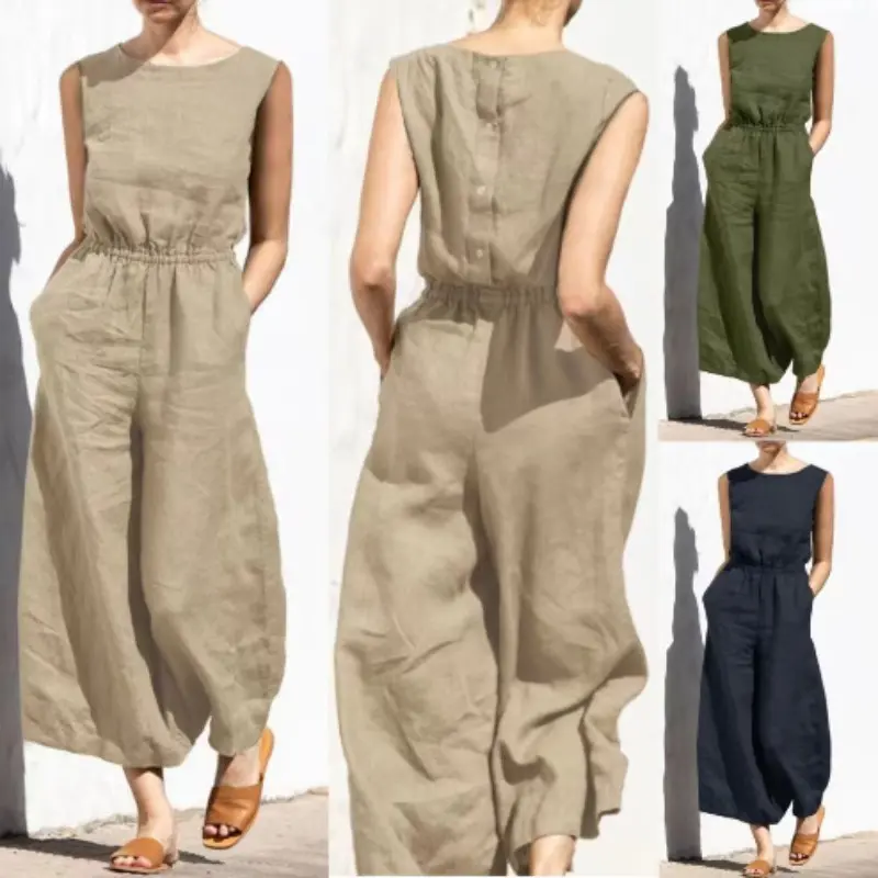 Summer Casual Solid Color High Waisted Sleeveless Cotton Linen Wide Leg Jumpsuit for Women