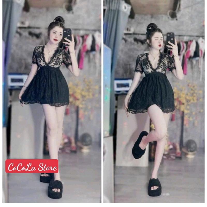 Sét Đầm Ren Cổ V Tay Ngắn Xếp Tầng Kèm Quần Đùi Nữ Women Dress Áo Kem Nhung Top 0