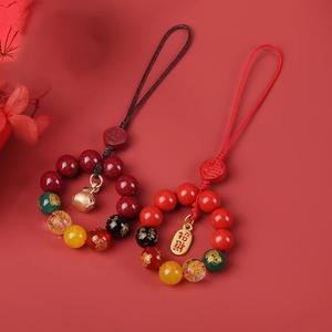 Rantai Telefon Dewa Kekayaan, Bahan Cinnabar, Loket Fortune Lima Hala, Lanyard untuk Kunci, Hiasan Cinnabar Tahun Zodiak Keychains Bell