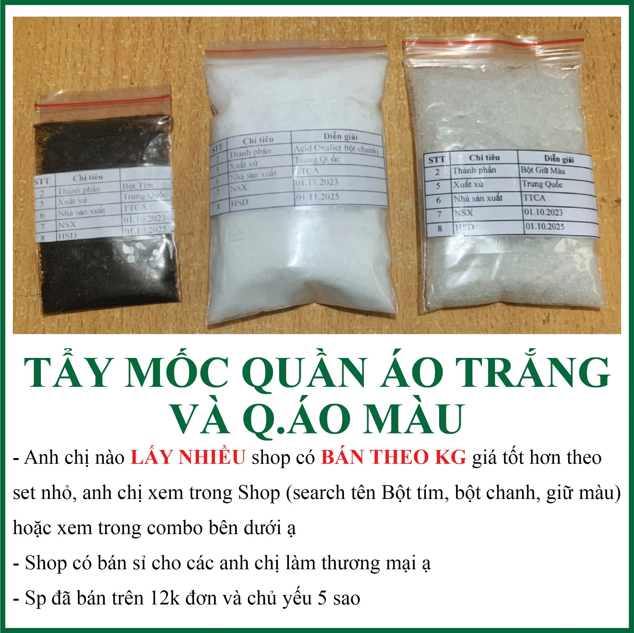 Tẩy Mốc Quần Áo Màu và Trắng Dân Gian Không Hại Da Tay, Gồm Bột Tím, Bột Chanh ( axit chanh ), Giữ Màu,Tẩy ố vàng, Mốc