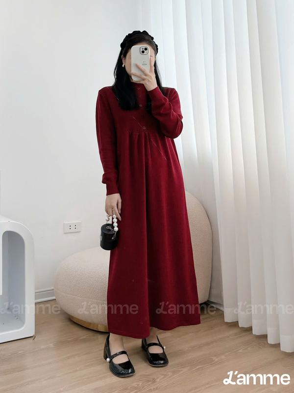 L'AMME Váy len suông váy len bầu freesize VL053 phối cổ tròn basic trẻ trung thiết kế dáng dài basic dễ phối đồ chất liệu len dệt họa tiết mềm mại ấm áp phù hợp mẹ bầu dạo phố đi tiệc