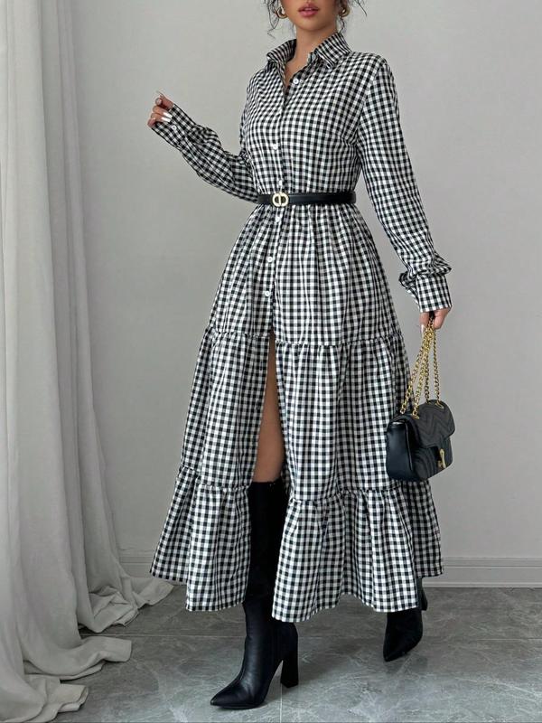 Women's Plaid Print Button Front Ruffle Hem Dress, Elegant Fashion Casual Long Sleeve Dress for Daily Outdoor Wear, Women Dress for All Seasons 2