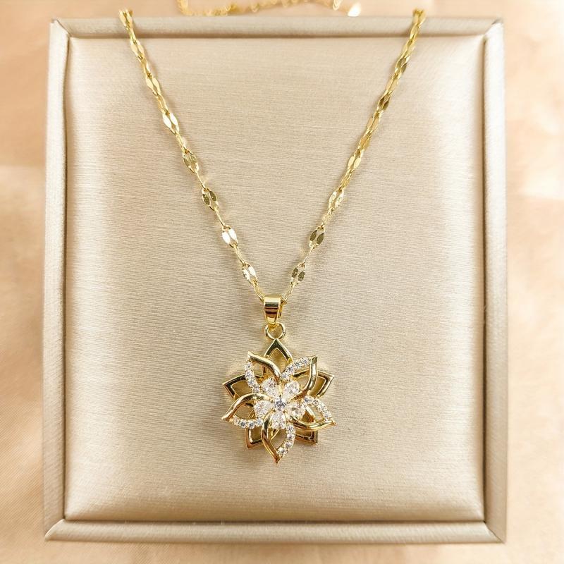 Product Introduction of 1pc Golden Stainless Steel Rotating Hollow Flower Pendant Necklace, Men's Retro Versatile Necklace, For Daily Party Wear, father's day gift 17