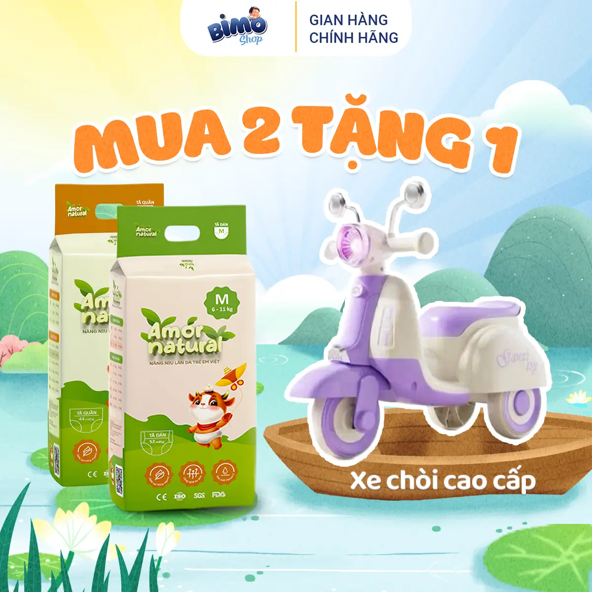 (2A) [TẶNG XE CHÒI NHẠC 3 BÁNH CAO CẤP] Combo 2 Bịch Tã/ Bỉm AMOR NATURAL VIỆT NAM Thoáng Khí Mỏng Nhẹ Cho Bé