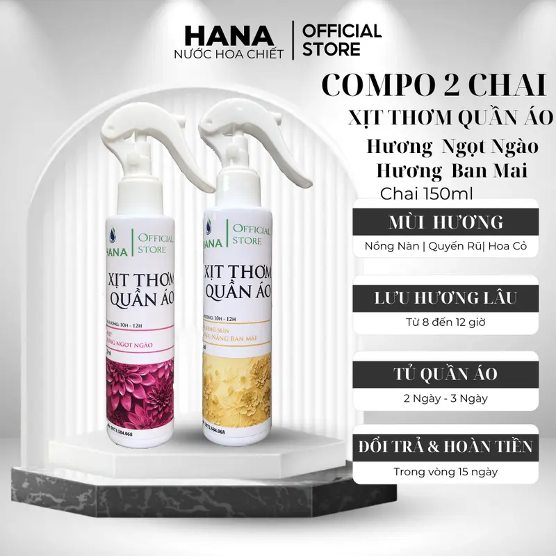 Compo 2 chai Xịt Thơm Quần Áo HANA Hương Ngọt Ngào Và Ban Mai 150Ml - Khử Mùi, Kháng Khuẩn, Thơm Lâu. 0
