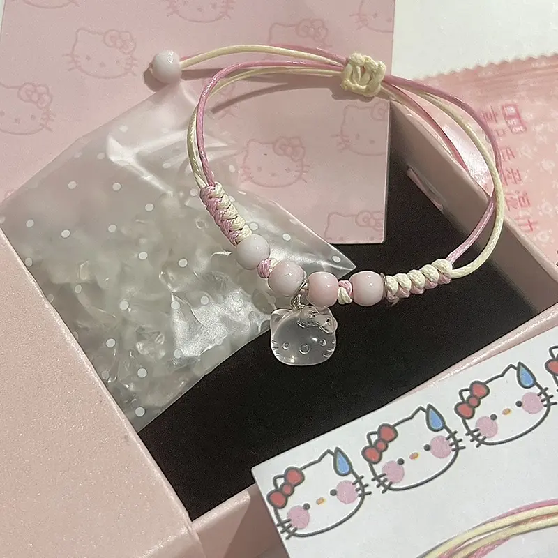 Vòng Tay Hello Kitty, Phong Cách Kawaii, Vòng Tay Bện May Mắn, Mặt Dây Chuyền Mèo Ngọt Ngào Và Dễ Thương, Vòng Tay Dệt, Thích Hợp Làm Quà Tặng Bạn Thân Hoặc Cặp Đôi, Thiết Kế Dễ Thương Phụ Kiện Móc Khoá