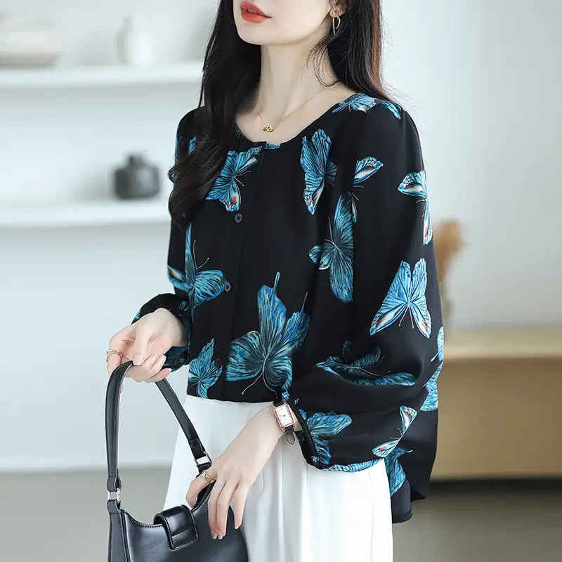 Áo Voan Cổ Tròn, Dành Cho Nữ, In Hình Bướm, Phong Cách Hồi Giáo, Áo Dài Tay, Hàng Mới Về 6