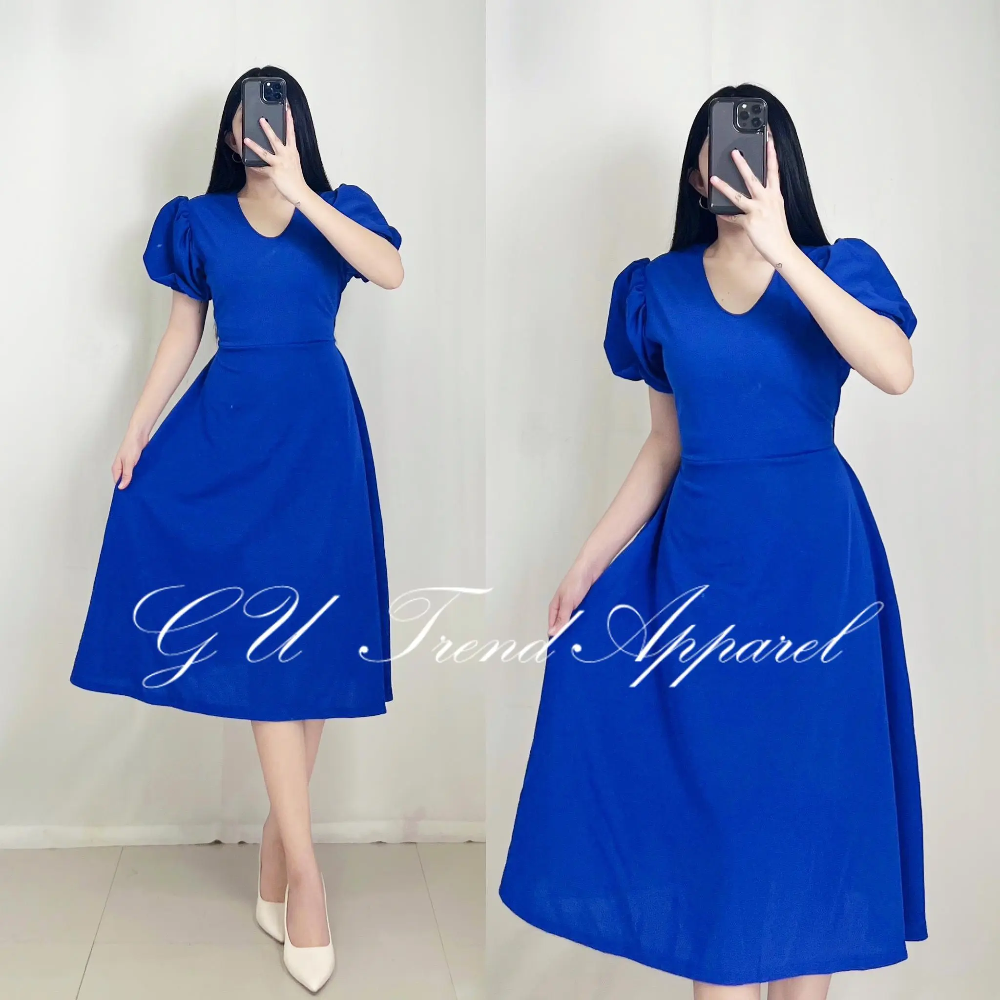 AFH PADDED PUFF SLEEVE BELOW THE KNEE V NECK MIDI DRESS