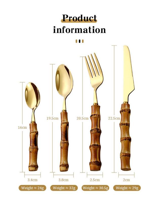 Product Introduction of 16/24PCS Creative Bamboo Handle Stainless Steel Tableware With Steak Knives Flatware Knives Set Includes Dessert Spoon Forks 20