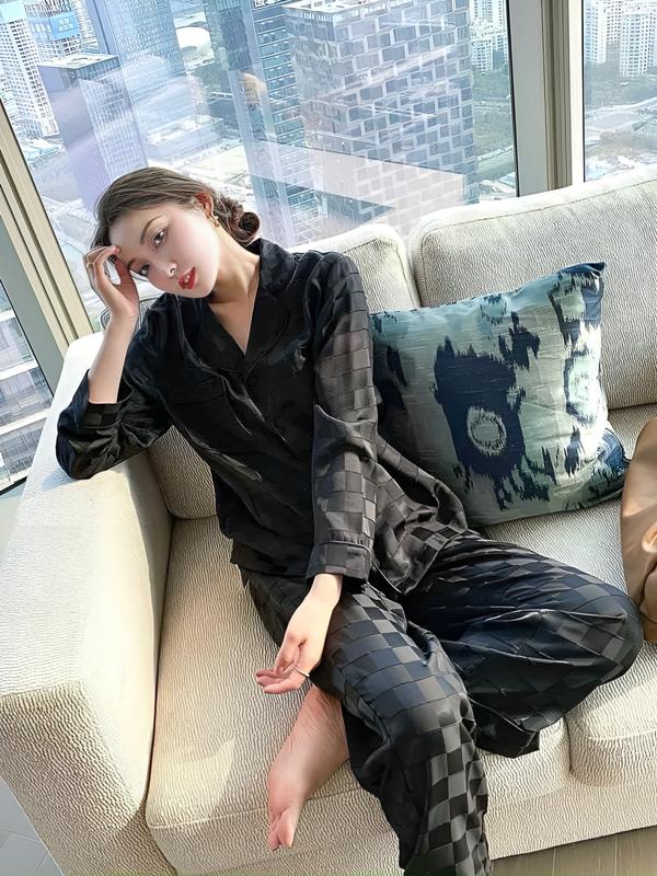  Bộ ngủ nữ pijama gấm ô vuông Tay dài quần dài siêu mềm mịn Mùa hè Mùa đông Lụa Trơn Kẻ sọc 