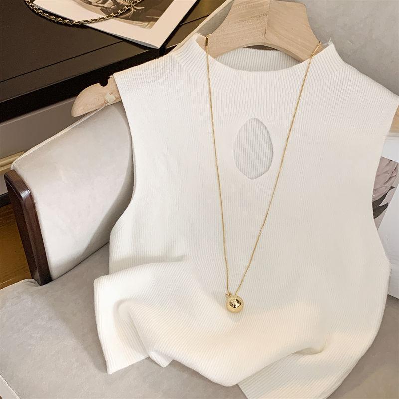 Product Introduction of Sexy spice girl niche hollow knit vest female bottoming shirt 2024 summer new solid color elastic short sleeveless top 7