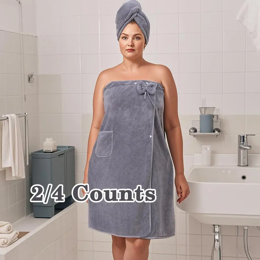 Plus Size Solid Color Bathroom Supplies, 1/2 Sets Soft Water Absorbent Bath Skirt & Hair Drying Cap, Bathroom Supplies for Women, Towels, Home Goods