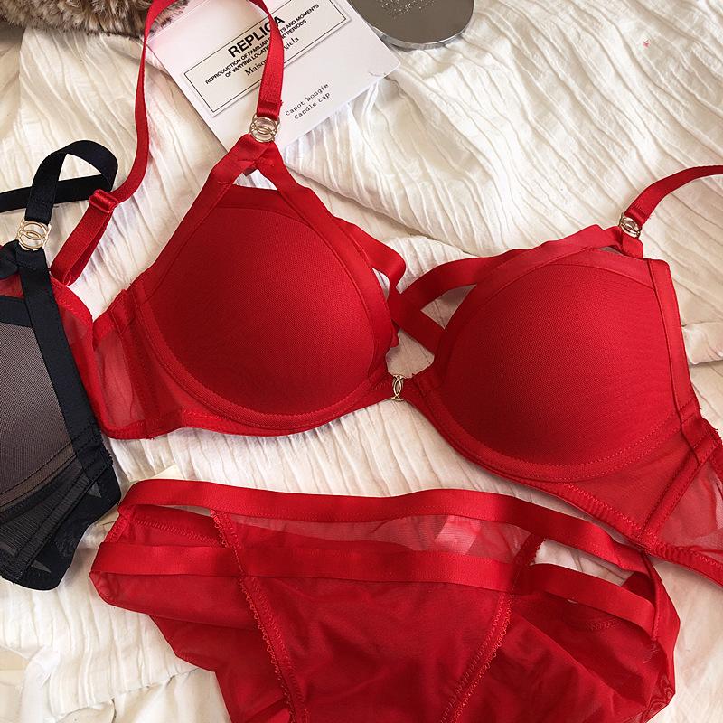 Product Introduction of BCD Big Size Hollow Out Belt Women Sexy Underwear Sets Adjustable Lingerie Fashion Intimates Thin Thicken Push Up Bra Panties Black White Red 24