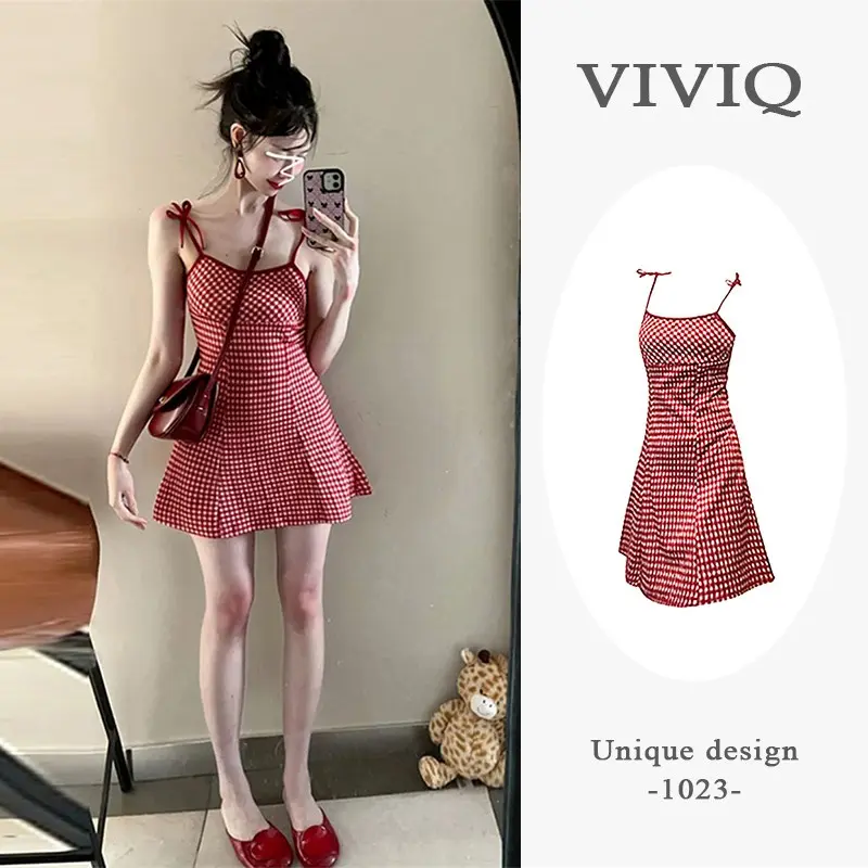 Petite Strap Dress 2025 New Women's Summer Sweet Red Plaid Slim Fit Layered Short Dress