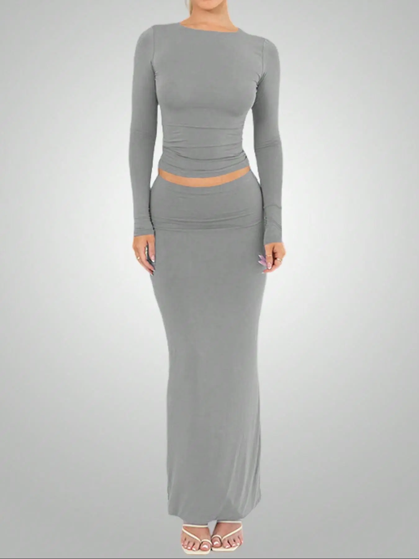 Two-Piece Set Women's Solid Long Sleeve Tee & Long Skirt, Casual Round Neck Top & Skirt for Daily Wear, Ladies Clothes for All Seasons Valentine's Day, gift