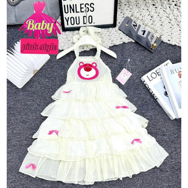 (14-40kg) Váy maxi  gấu dâu , Váy cổ yếm nhiều tầng  cho bé gái đi biển , đi chơi , mặc hè rất mát mẽ 3