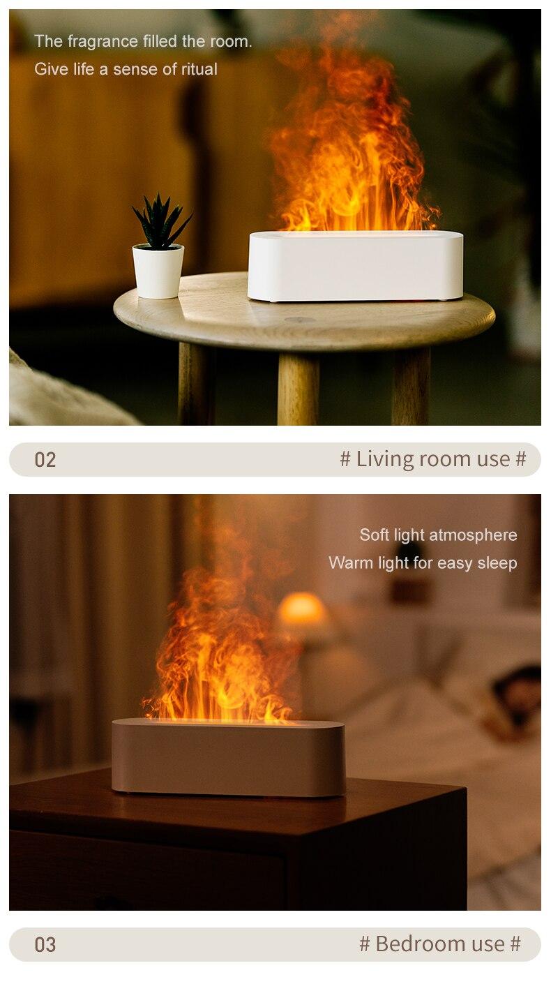 Product Introduction of Flame Aroma Diffuser Humidifier USB Desktop Simulation Light Aromatherapy Purifier Air for Bedroom With 7 Colors 46