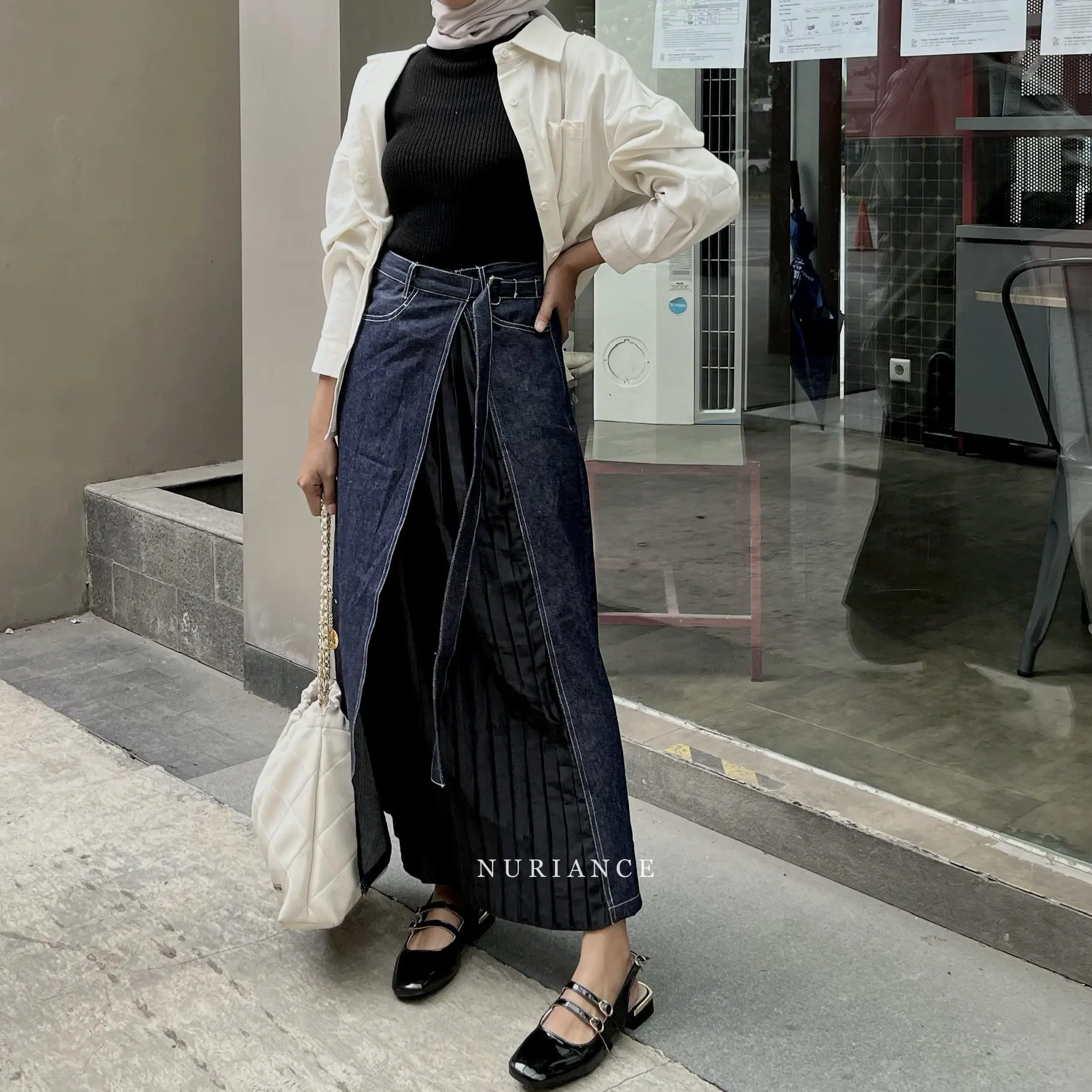 NURIANCE - Gitta Pleats Denim Skirt (rok plisket - rok jeans A-Line) Aesthetic Karet Wanita