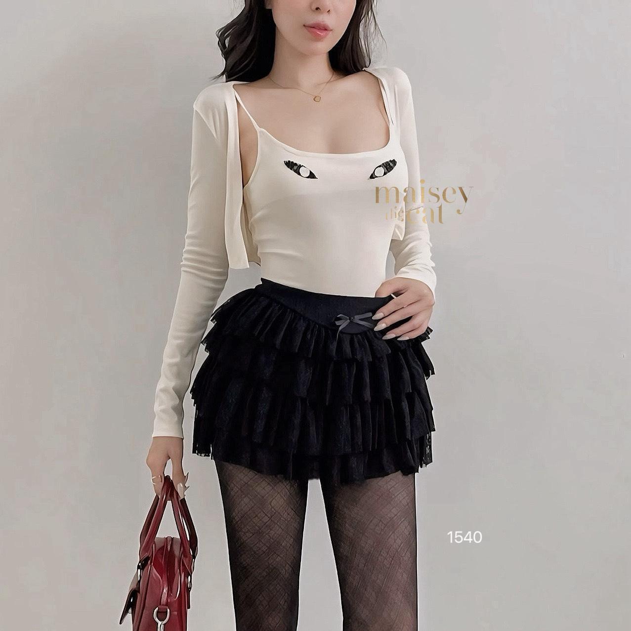 [MAISEY 1540] SET ÁO MẮT MÈO LẠ MẮT PHỐI CÙNG CHÂN VÁY BÈO NHIỀU TẦNG