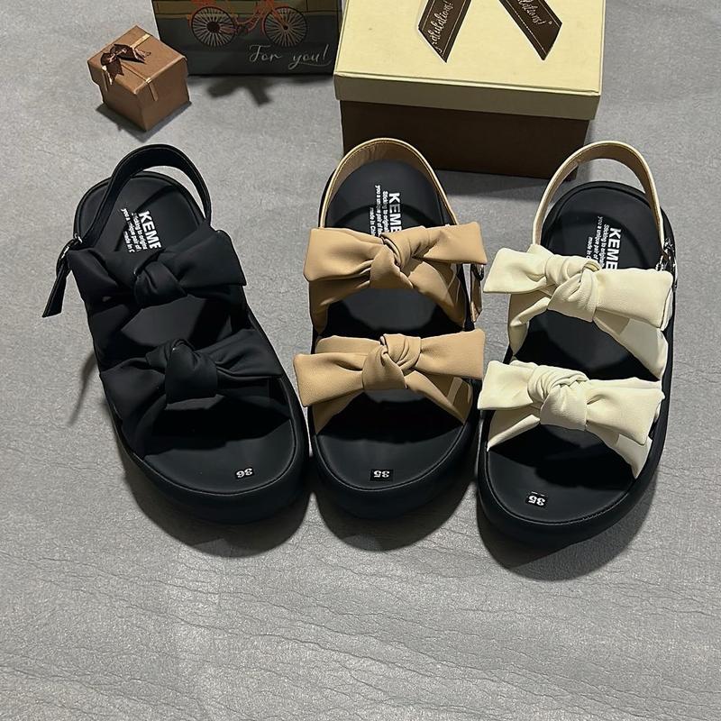 Sandal Nữ quai nơ cột đế cao 5cm da mềm êm nhẹ chân mũi tròn màu nâu/kem/đen 4