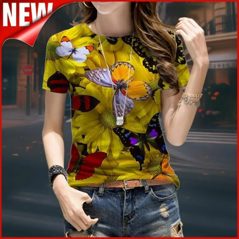 Baju-T Cetakan 3D Rama-rama, Baju Atasan Lengan Pendek Leher - TikTok ...