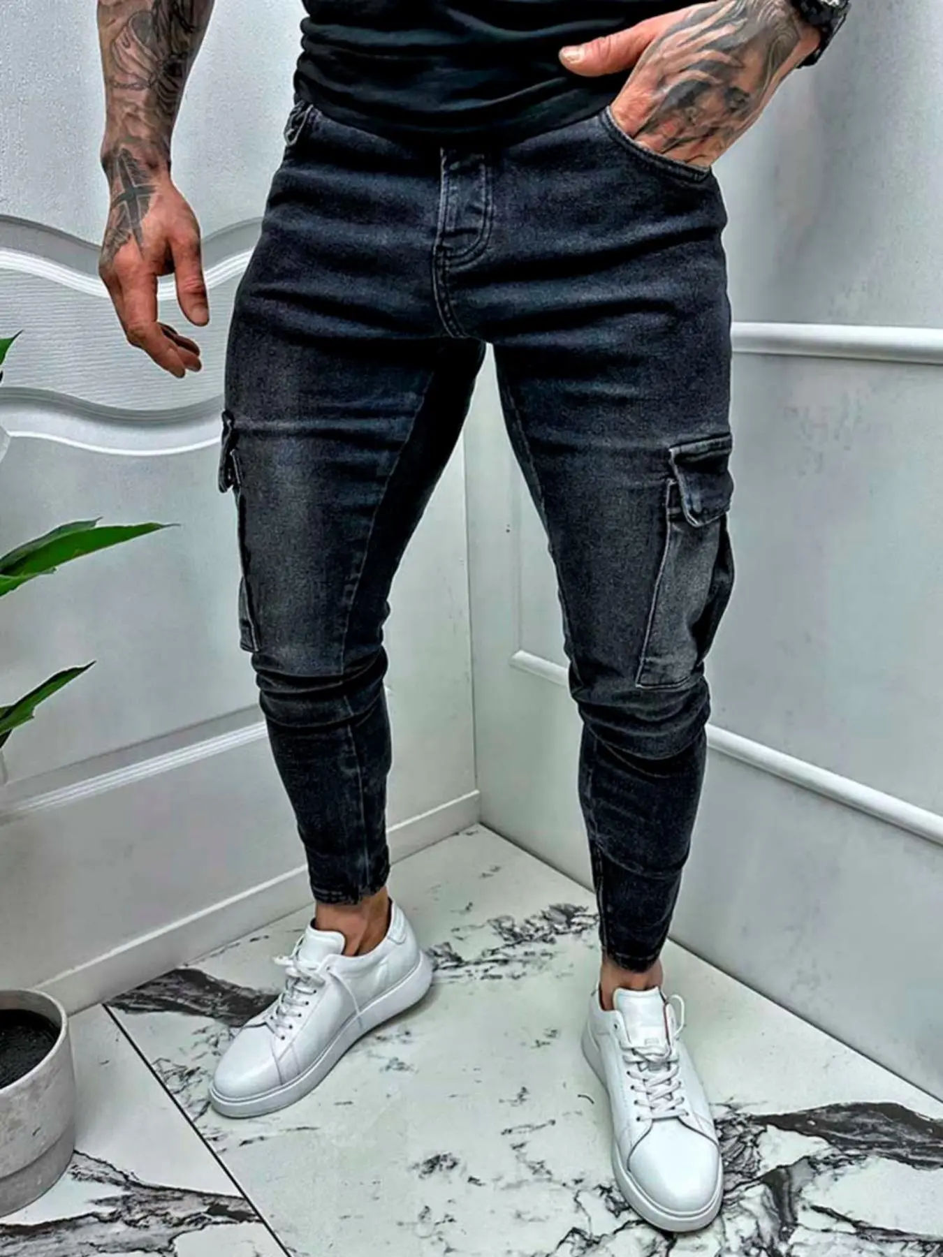 Men's Solid Color Jeans, Street Fashion Casual Slim-fitting Denim Pants for Daily Wear, Fashion Men's Bottoms for All Seasons, Cotton, Menswear