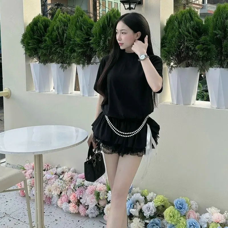 Váy cộc tay phối ren và dây ngọc phía dưới V88 - Thời trang nữ quyến rũ - Women 2
