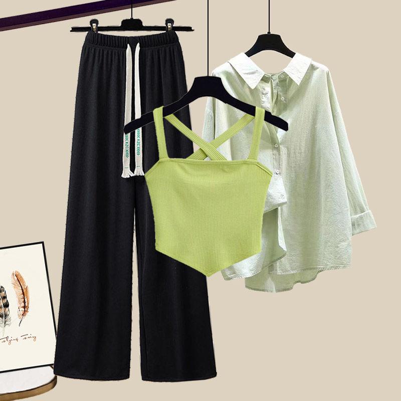 Product Introduction of plus Size Women's Summer Suit Female 2024 New Slim Korean Style Shirt Cross Tank Top Wide Leg Pants Three-Piece Suit Suit 2